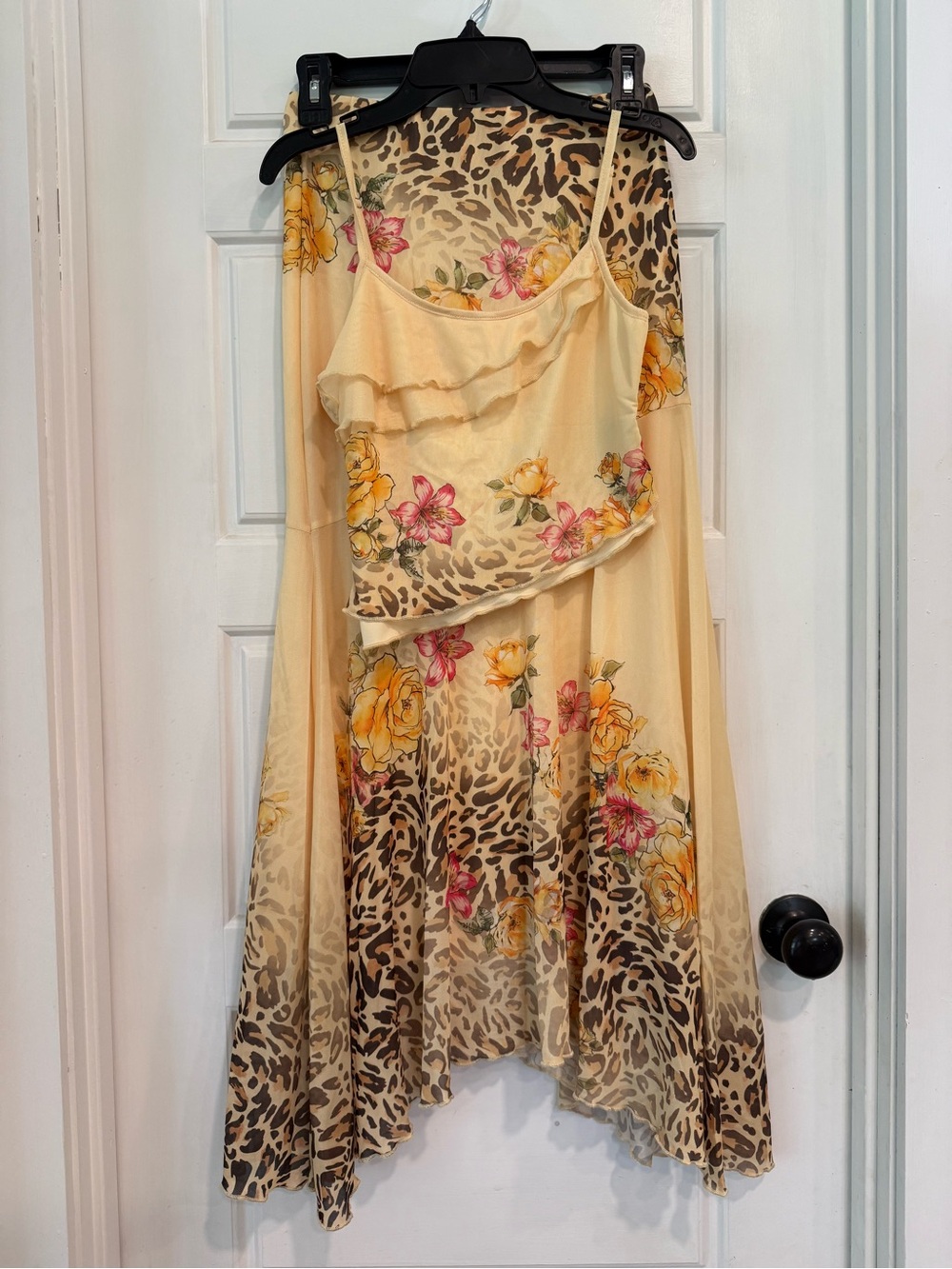 SHEIN XS Leopard Floral Mesh Maxi Skirt Ruffle Cami Top Y2K Coquette Set